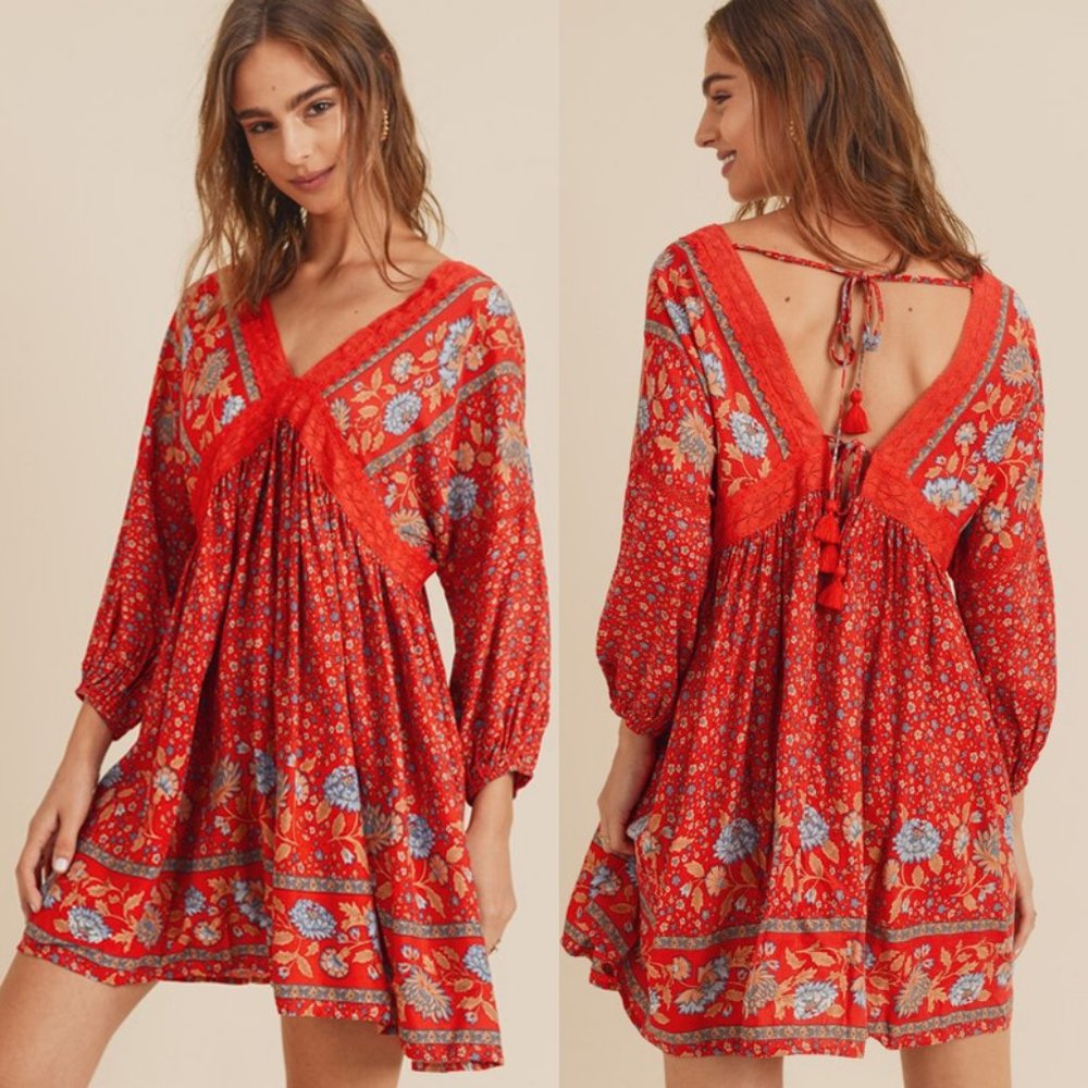 NEW Red V Neck Tassel Tie Back Boho Mini Dress